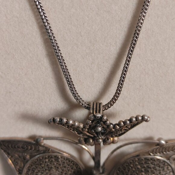 Filigree Butterfly Pendant Wheat Necklace Vintage Sterling Silver 925 From Turke - Picture 10 of 16